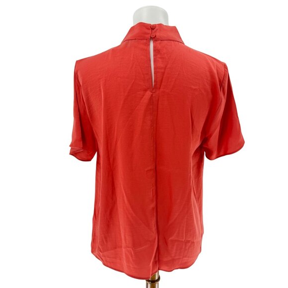 Ann Taylor Factory Womens Coral Short Sleeve Blouse With Tie Neck Size M 100% Po - Picture 2 of 9